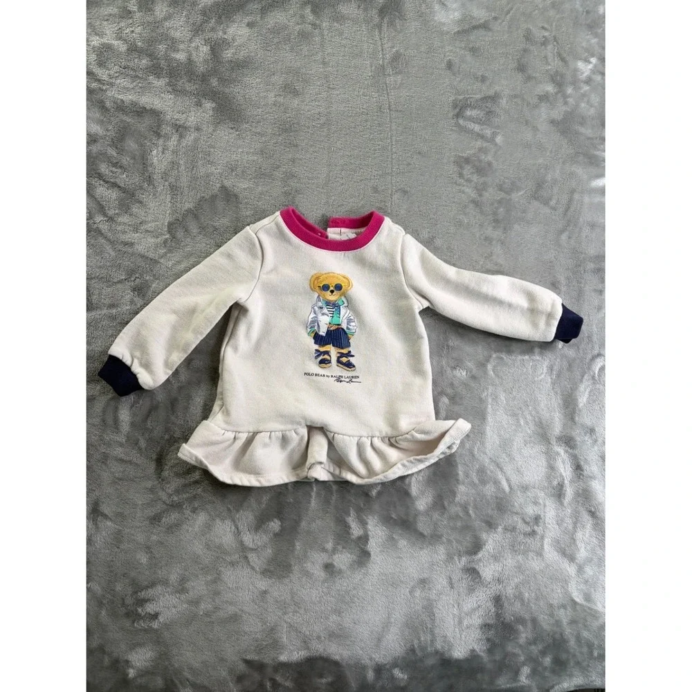 Ralph Lauren Polo Bear Baby Girl Sweatshirt Dress 12M Cream Pink Ruffle Hem